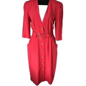 Periwinkle Red Pleated Dress: Vintage 70s Belted Midi w/Button Insert, Size 10